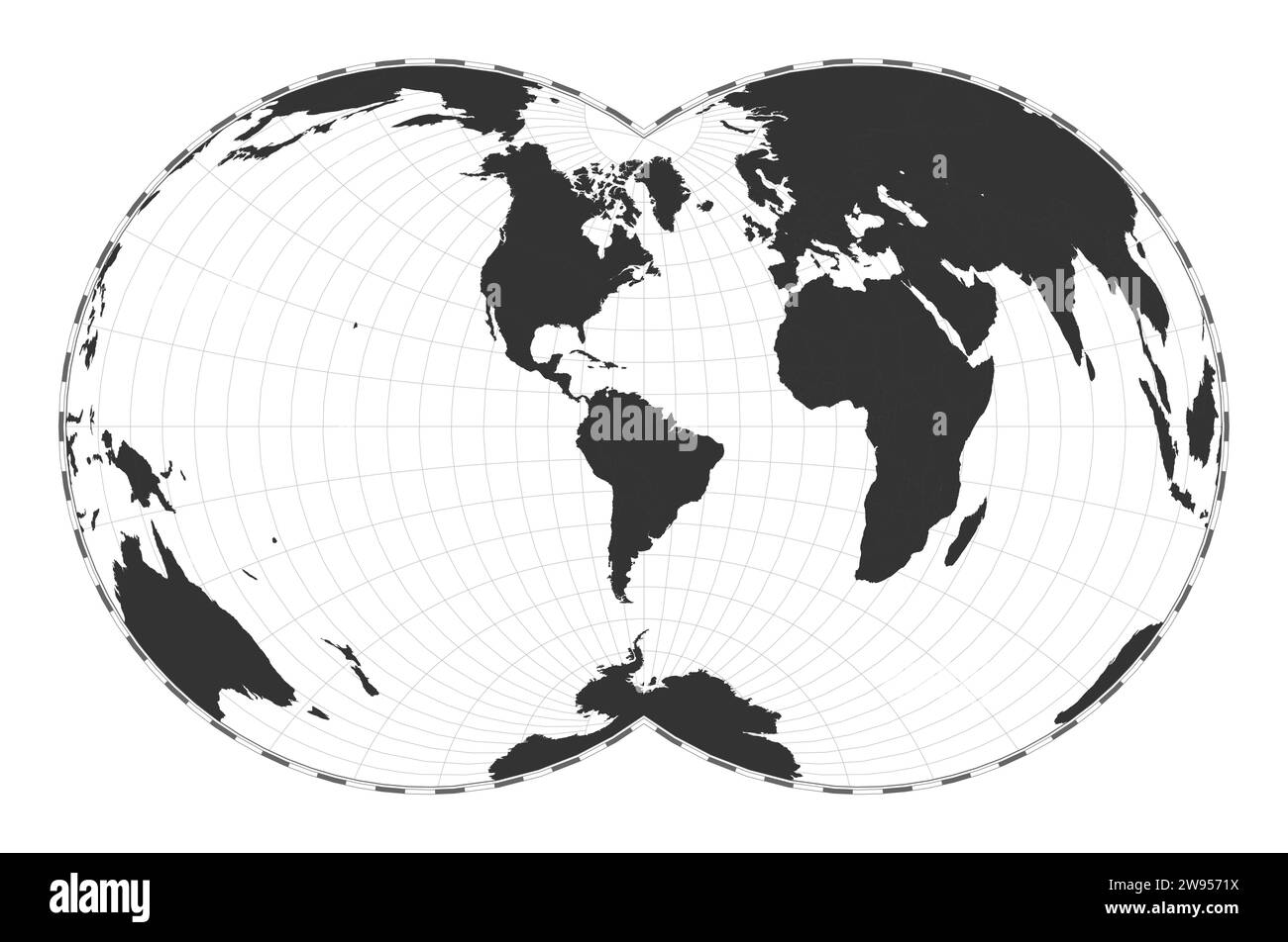 Mappa vettoriale del mondo. Proiezione globulare Nicolosi. Mappa geografica del mondo pianeggiante con linee di latitudine e longitudine. Centrato a 60° e longitudine. Illustrazione Vettoriale