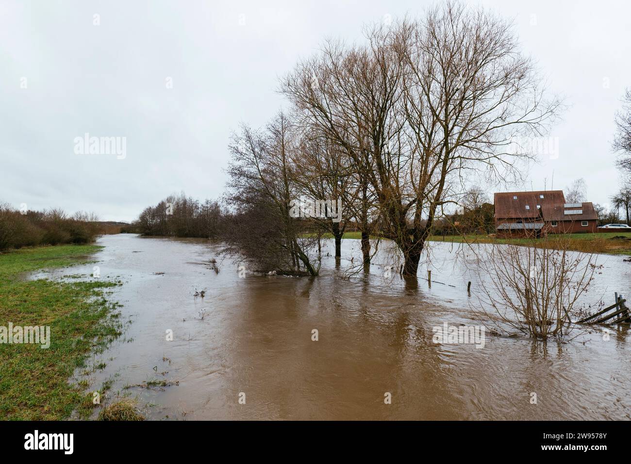 Paesaggio allagato a Petershagen-Bierde (Germania) il 24 dicembre 2023 Foto Stock