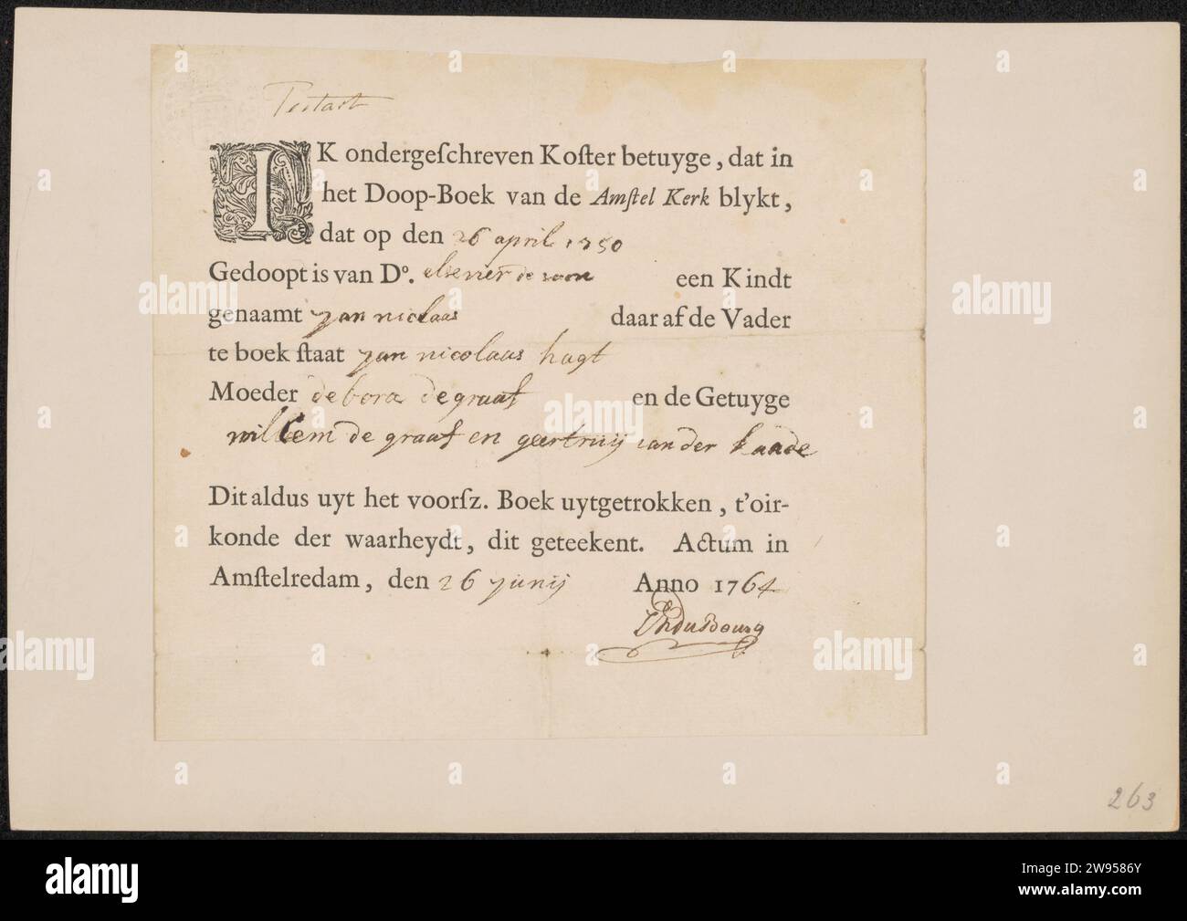 Estratto dal registro battesimale su Jan Nicolaas Hagt, sconosciuto, documento del 1764 Amsterdam paper. scrittura inchiostro (processi) / penna / stampa Foto Stock