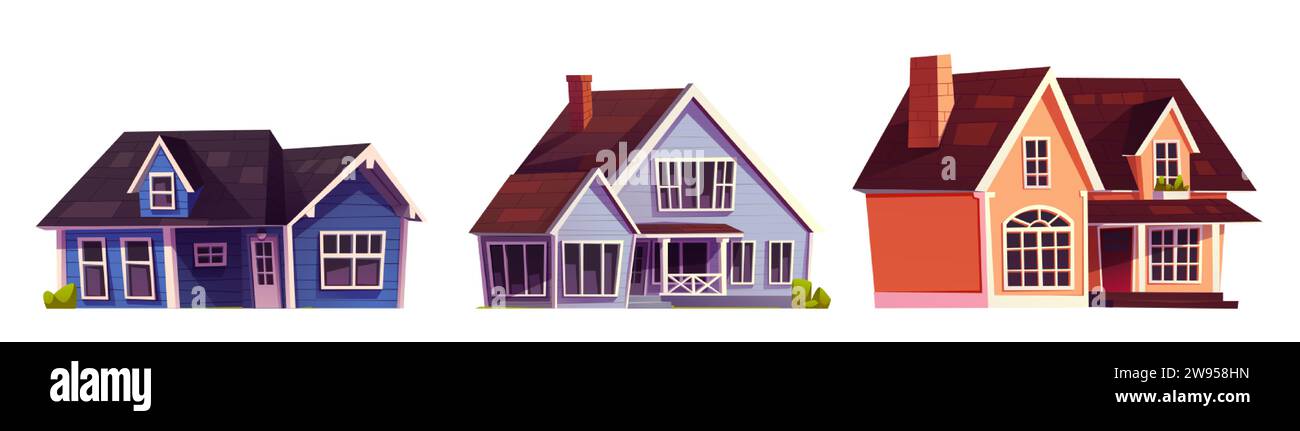 Case suburbane isolate su sfondo bianco. Illustrazione vettoriale di cottage tradizionali americani con finestre, porte, veranda, camino Illustrazione Vettoriale