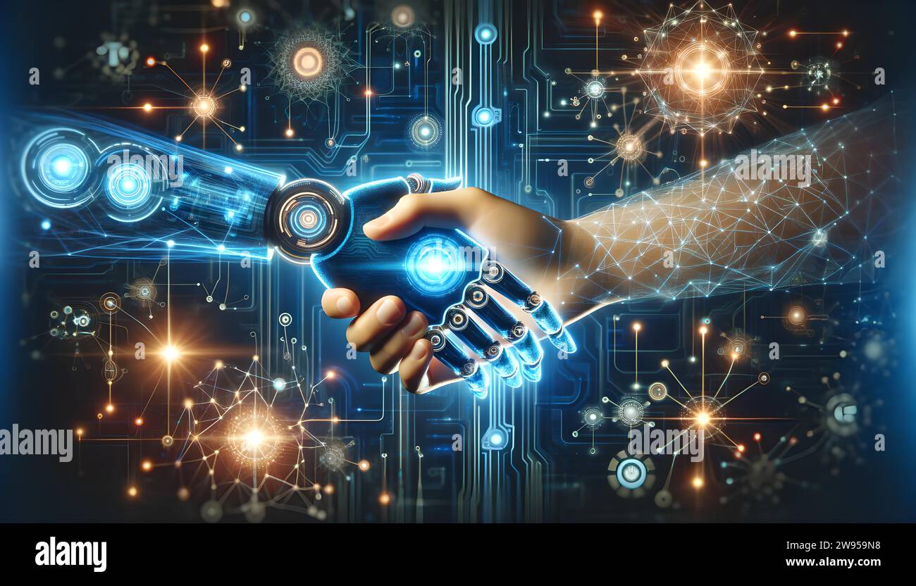 Immagine artistica di una mano umana e di un robot ai che trema la mano, sfondo tecnologico blu, connessioni neurali, incarnando la collaborazione tra uomo e intelligenza artificiale Foto Stock