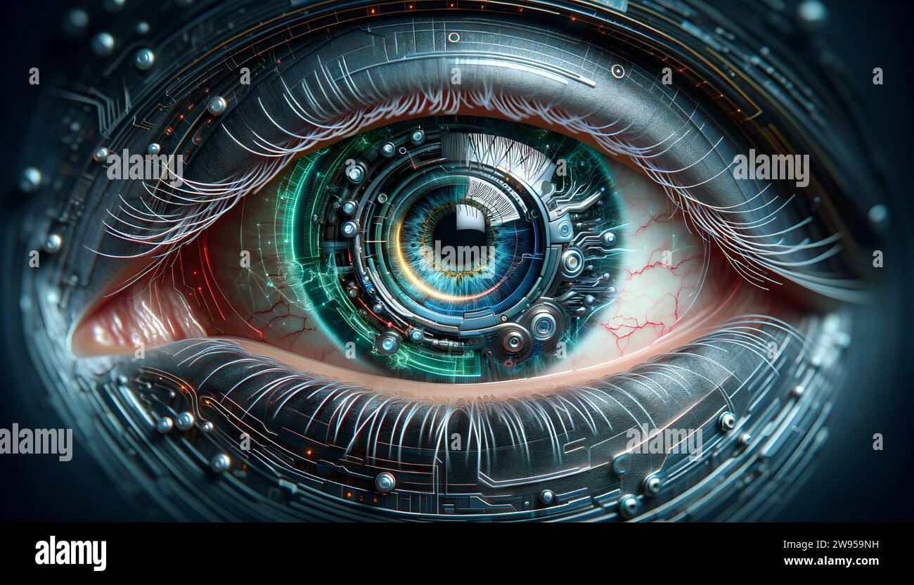 Primo piano di un occhio umano, parzialmente trasformato in bionico, che presenta una perfetta miscela di elementi naturali e high-tech Foto Stock