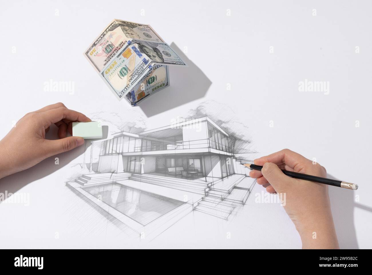 Casa fatta di dollari, sfondo bianco, disegno a mano, disegno a matita Foto Stock