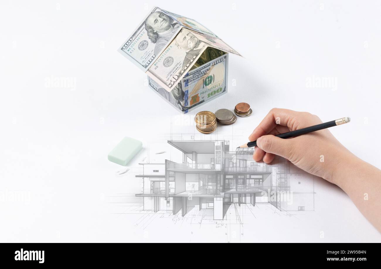 Casa fatta di dollari, sfondo bianco, disegno a mano, disegno a matita Foto Stock