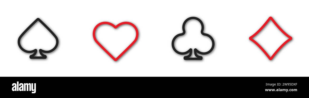 Set collection gambling outline sign symbol of playing card suits and chips for poker and casino. Vector hearts, clubs, diamonds and spades on an isol Illustrazione Vettoriale