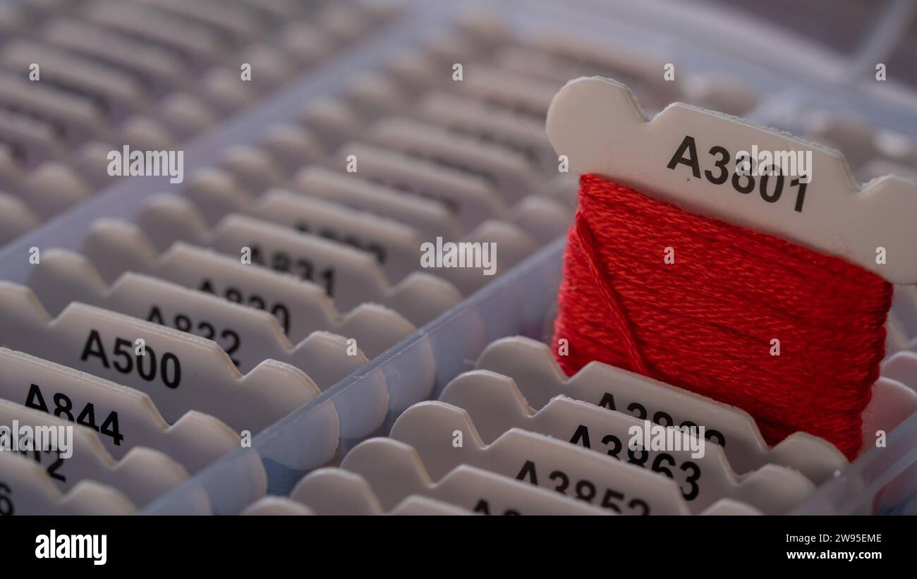 Messa a fuoco selettiva sul filo rosso in una casella su sfondo bianco Foto Stock