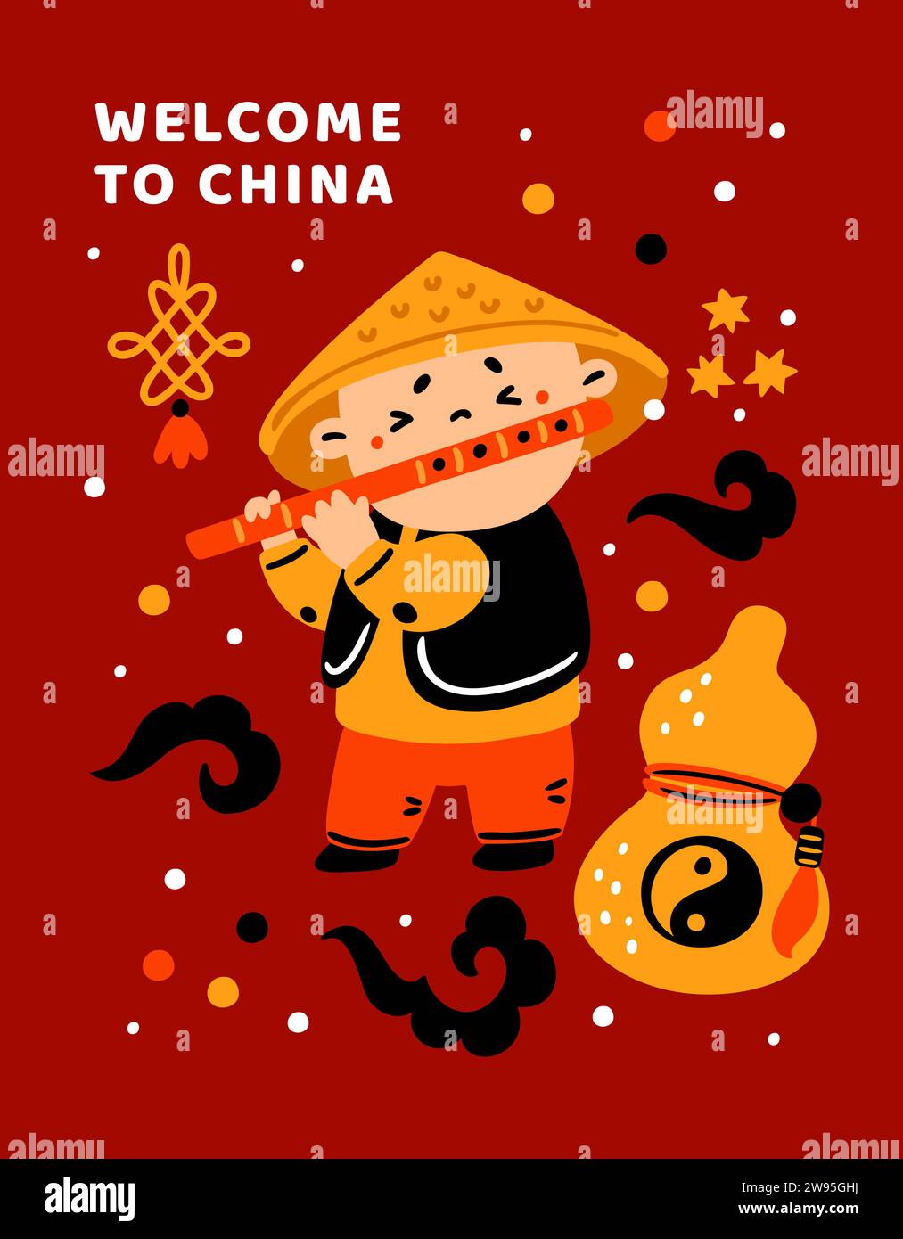 Carta cinese dei cartoni animati. Benvenuto in Cina. Vacanze asiatiche. Viaggi in Asia. Uomo che suona flauto e bottiglia di zucca. Simboli tradizionali di prosperità. Oriental Illustrazione Vettoriale