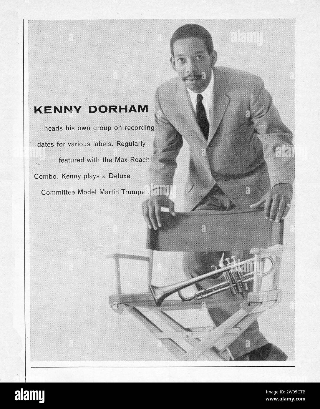 Una pubblicità stampata per Martin trombe con la star jazz Kenny Dorham. Da una rivista musicale di metà 1960. Foto Stock