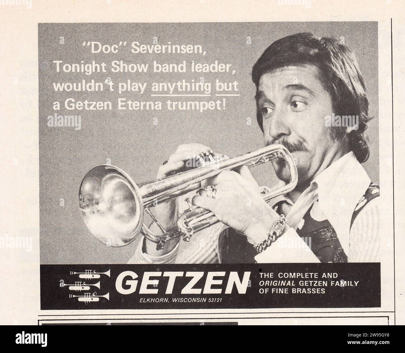 Una pubblicità stampata per le trombe Getzen con la star del jazz e il leader della band del Tonight Show Doc Severinsen. Da una rivista musicale della metà degli anni '1970. Foto Stock