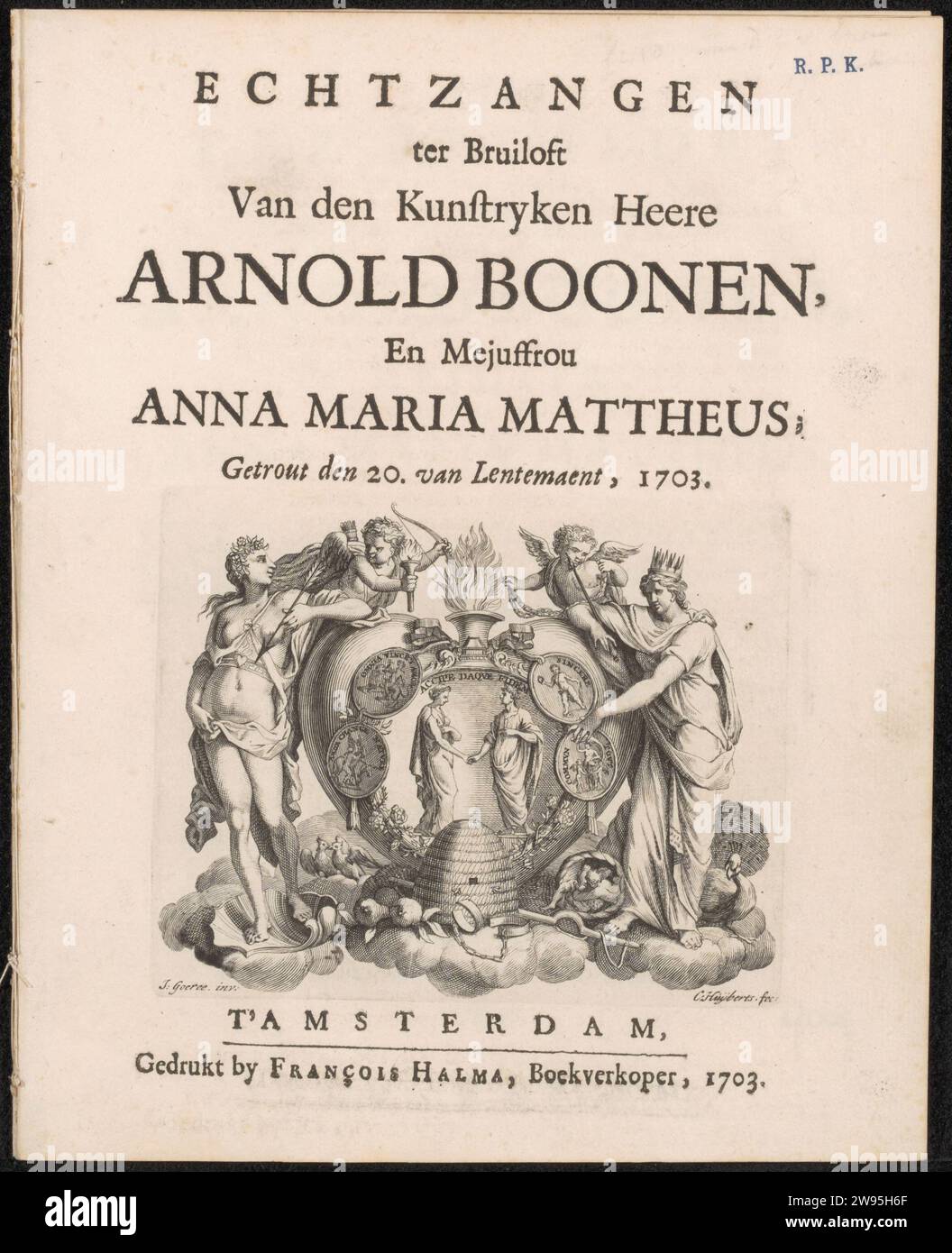 Echtenzangen per Arnold Boonen e Anna Maria Mattheus, Francois Halma, dopo Jan Goeree, nella poesia Amsterdam cartaceo del 1703 Foto Stock