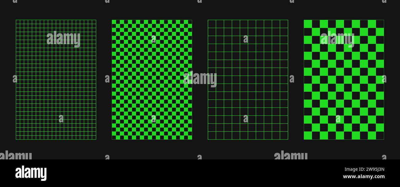 Wireframe astratti, elementi cyberpunk e griglie e sfere verdi prospettiche. Set futuristico dal design geometrico surreale. Forme y2k psichedeliche. Rave Illustrazione Vettoriale