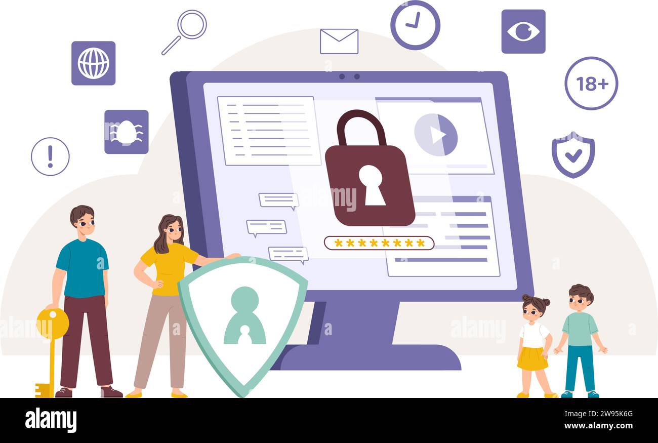 Controllo genitori su Internet. Il genitore ha bloccato il computer e i siti pericolosi. Contenuti inappropriati per i bambini, blocco censurato informazioni vietate in modo sicuro vettoriale Illustrazione Vettoriale