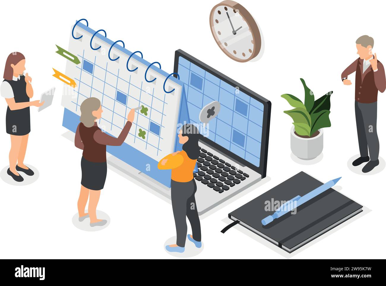 Pianificazione online isometrica. Piano aziendale e pianificazione, calendario del lavoro gestito dal team dell'ufficio. Gestione del tempo aziendale, scenario vettoriale impeccabile Illustrazione Vettoriale