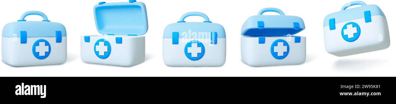 Cassetta di pronto soccorso 3d. Kit di plastica realistico per medicina, rotazione diversa. Pacchetto di emergenza, sacchetto di sicurezza dell'ospedale o dell'ambulanza. Pithy medica isolata Illustrazione Vettoriale