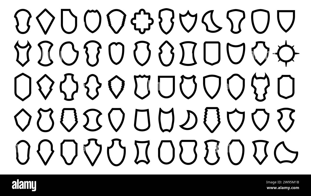 Stemma silhouette di protezione della collezione. Set di icone nere con scudo araldico. Illustrazione vettoriale. Illustrazione Vettoriale
