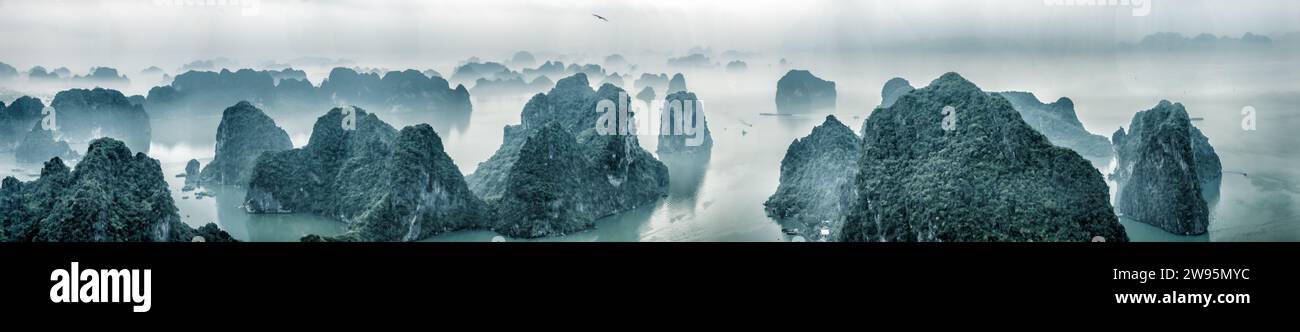 Vista su misty la Baia di Ha Long, Vietnam del nord Foto Stock