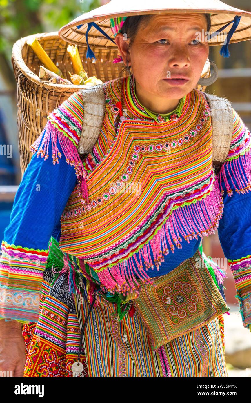 Fiore tribù Hmong donna tornando a casa dal mercato, Bac Ha, Vietnam Foto Stock