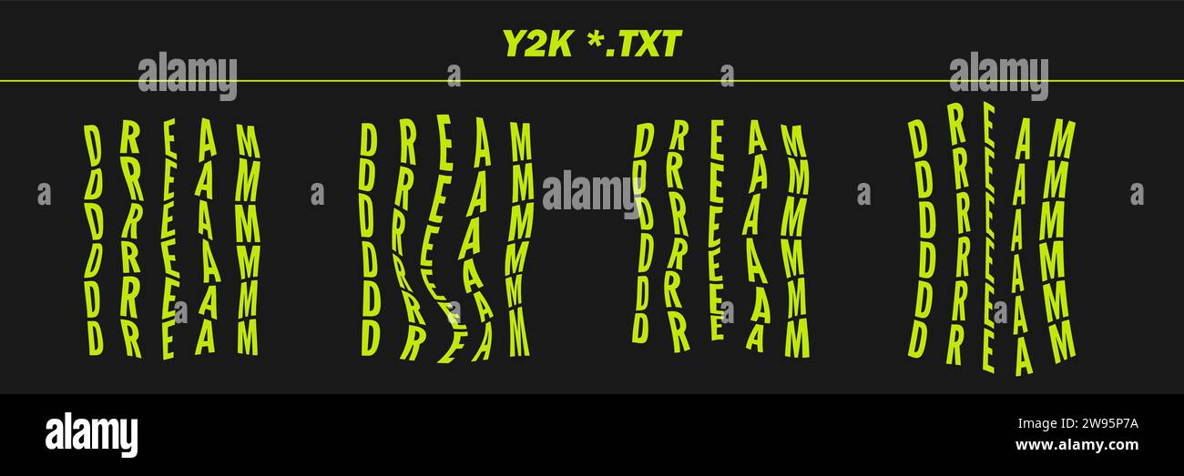 Raccolta di parole scritte psichedeliche - SOGNO. Set words psichedelici retrò futuristici. Forme geometriche surreali sulle parole, wireframe cyberpunk astratto. Illustrazione Vettoriale