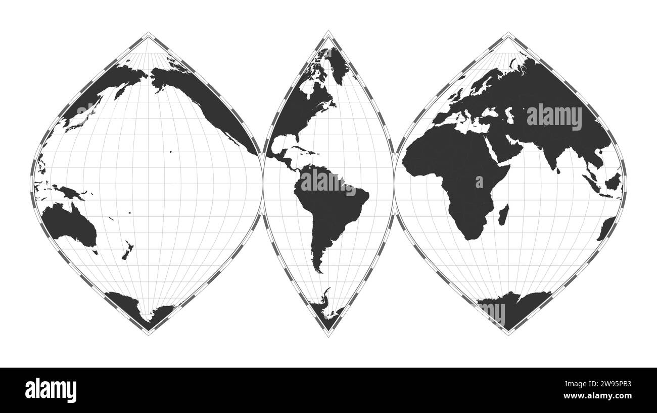 Mappa vettoriale del mondo. Proiezione sinusoidale interrotta. Mappa geografica del mondo pianeggiante con linee di latitudine e longitudine. Centrato a 60° e longitudine. Illustrazione Vettoriale