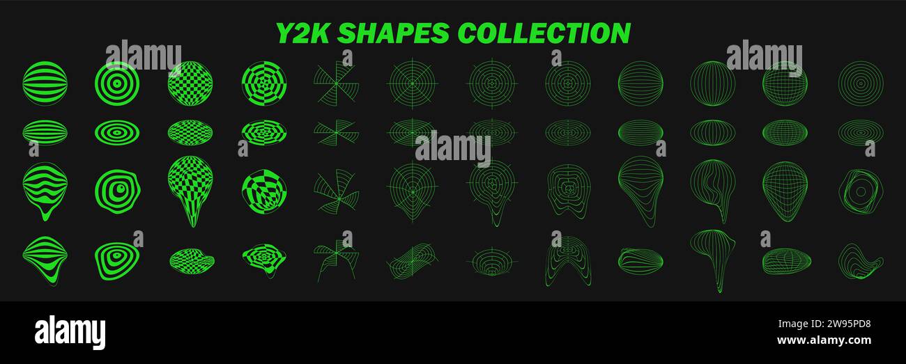 Wireframe astratti, elementi cyberpunk e griglie verdi prospettiche su sfere. Forme y2k psichedeliche. Elementi vettoriali rave o psichedelici alla moda Illustrazione Vettoriale