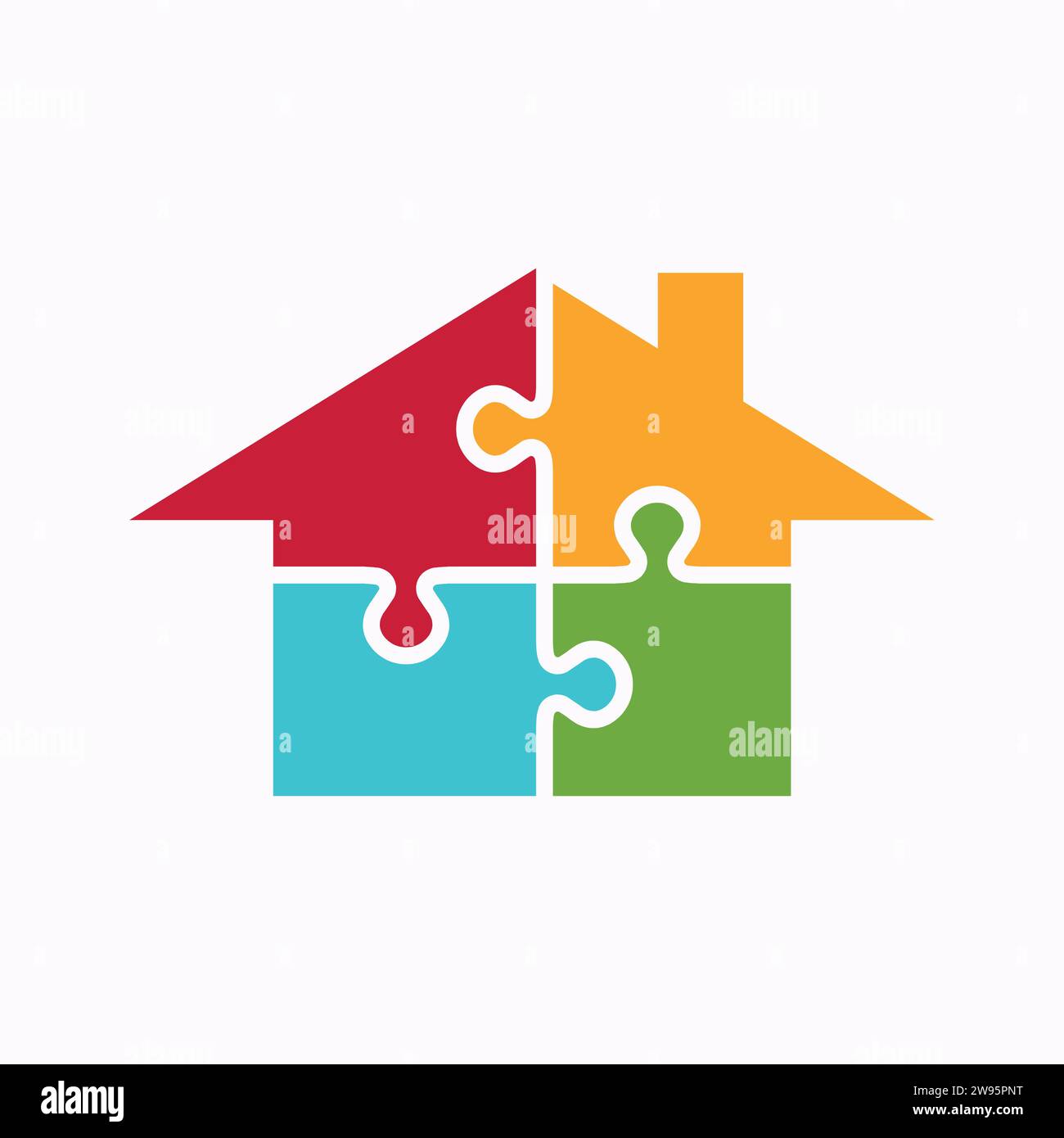 Logo della soluzione di alloggiamento integrato - elementi puzzle colorati che formano una casa, simboleggiano la comunità, l'unità e la diversità nella vita residenziale Illustrazione Vettoriale