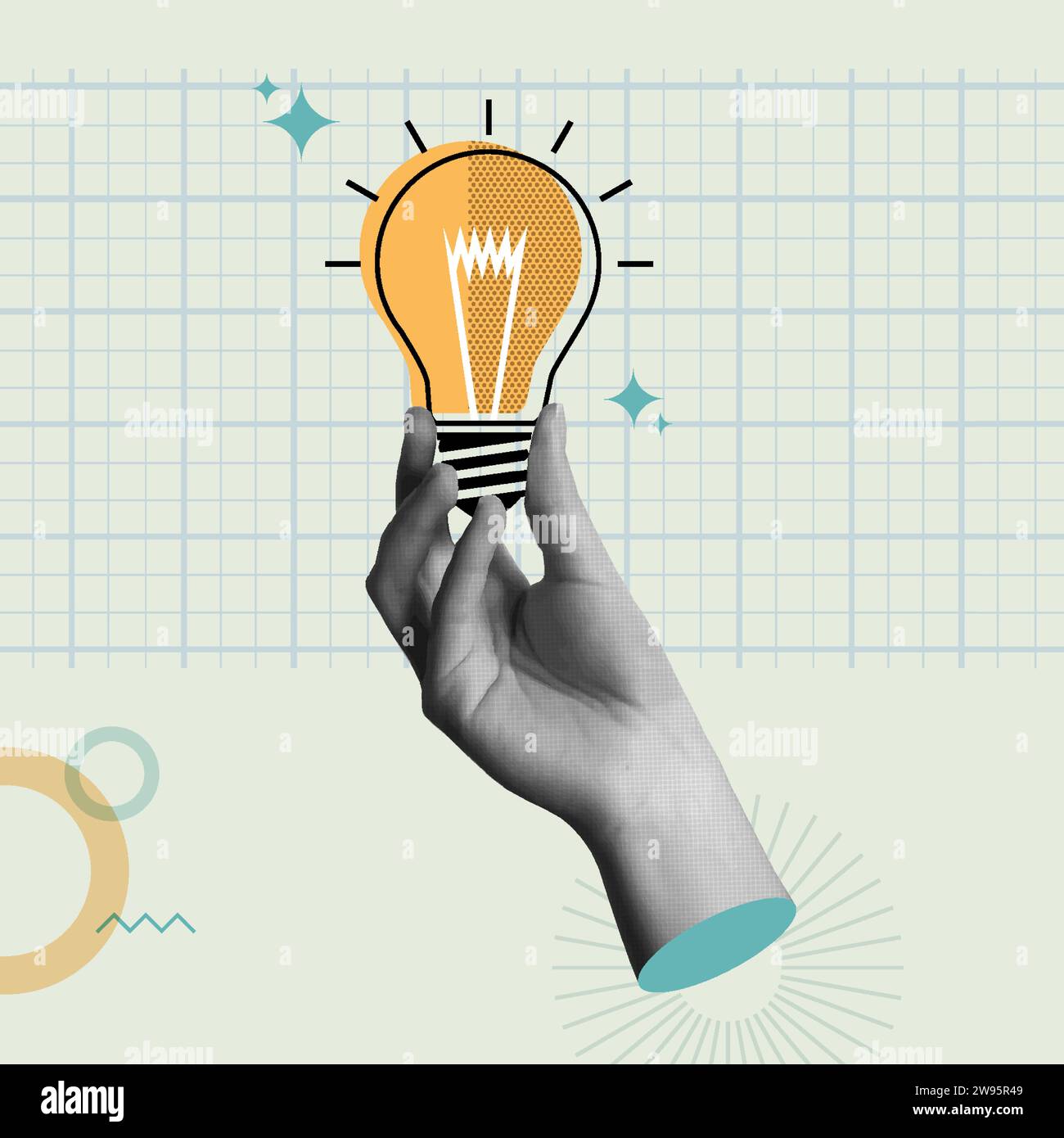 Concept design Bright Ideas. Human Hand contiene una lampadina in un collage retrò degli anni '90 con illustrazione vettoriale in stile multimediale misto. Concetto di ispirazione, eureka Illustrazione Vettoriale