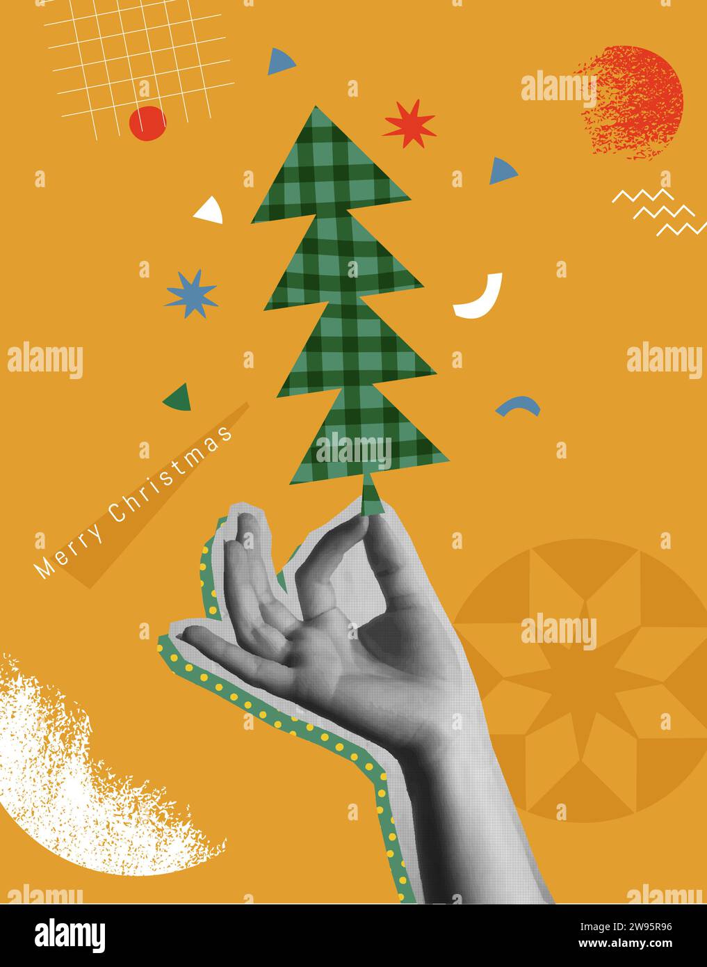 Buon Natale felice anno nuovo biglietti d'auguri con design vettoriale. Mano umana che tiene un pino di stagione. Collage di mezzitoni alla moda con materiali misti stile anni '90 e c Illustrazione Vettoriale