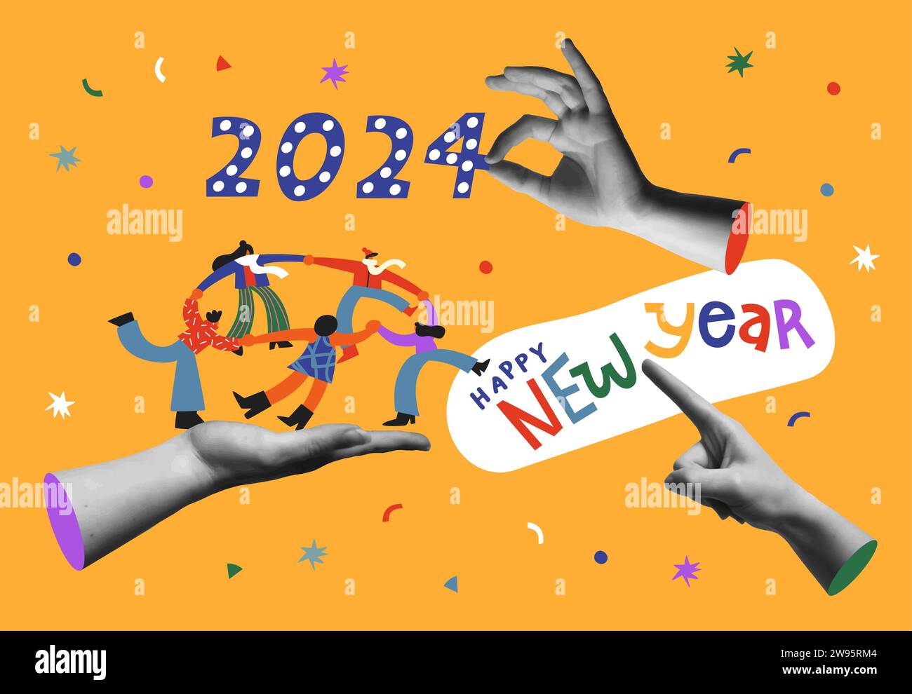 Buon anno 2024 - illustrazione vettoriale. Collage con mani umane e gruppo di amici diversi che ballano in un cartone animato piatto e un mix di mezzitoni alla moda Illustrazione Vettoriale