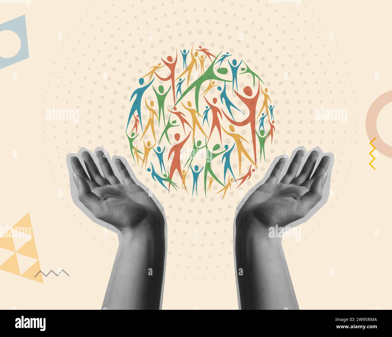 Illustrazione della scheda vettoriale Community e Diversity. Mani umane che tengono in mano un cerchio di persone diverse in un collage retrò di tendenza in stile anni '90 Illustrazione Vettoriale