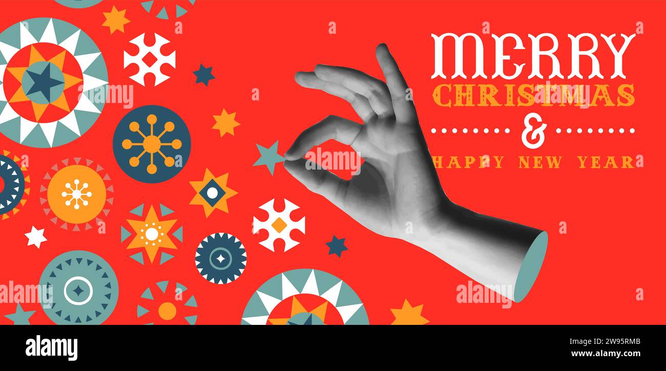 Illustrazione vettoriale dello striscione vintage buon Natale. Ornamento geometrico d'arte popolare scandinava e mano umana in collage di mezzitoni di tendenza misto media anni '90 Illustrazione Vettoriale
