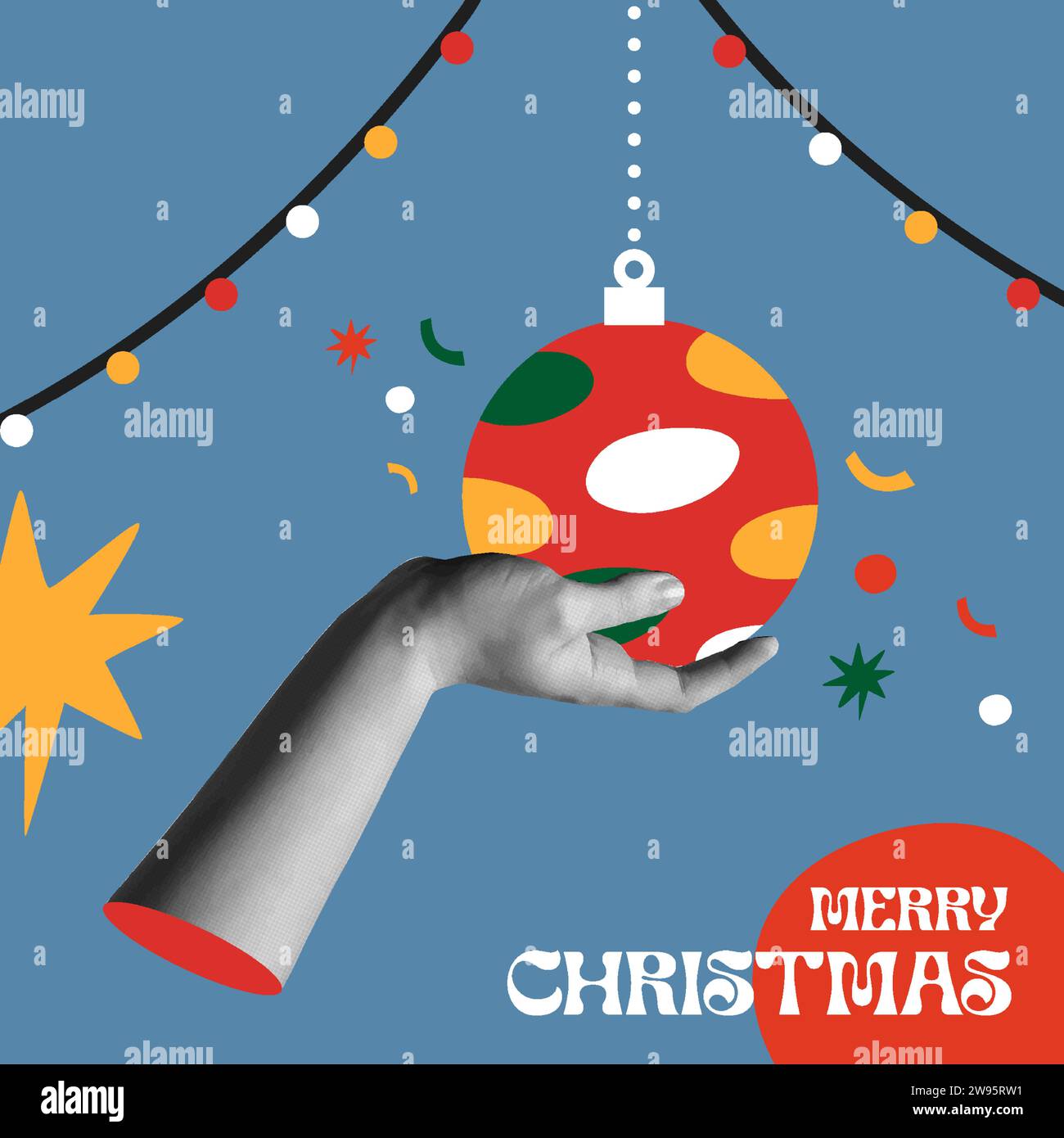 Buon Natale felice anno nuovo biglietto d'auguri illustrazione vettoriale. Decorazioni con palla per la stagione con mani umane. Collage di mezzitoni alla moda con materiali misti stile anni '90. Illustrazione Vettoriale