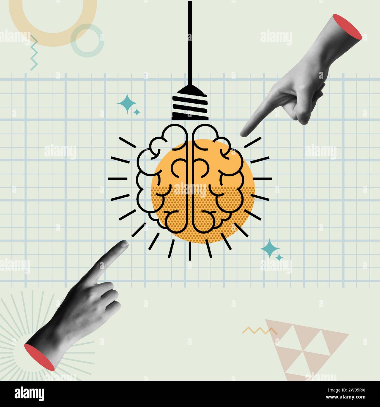 Concept design Bright Ideas. Cervello umano come lampada a lampadina in stile retro collage anni '90 illustrazione vettoriale. concetto di conoscenza, intelligenza, studenti Illustrazione Vettoriale