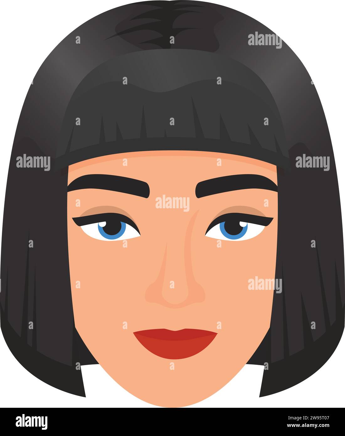La testa di una donna con le battute dei capelli. Volto femminile con illustrazione vettoriale dei cartoni animati a taglio corto Illustrazione Vettoriale