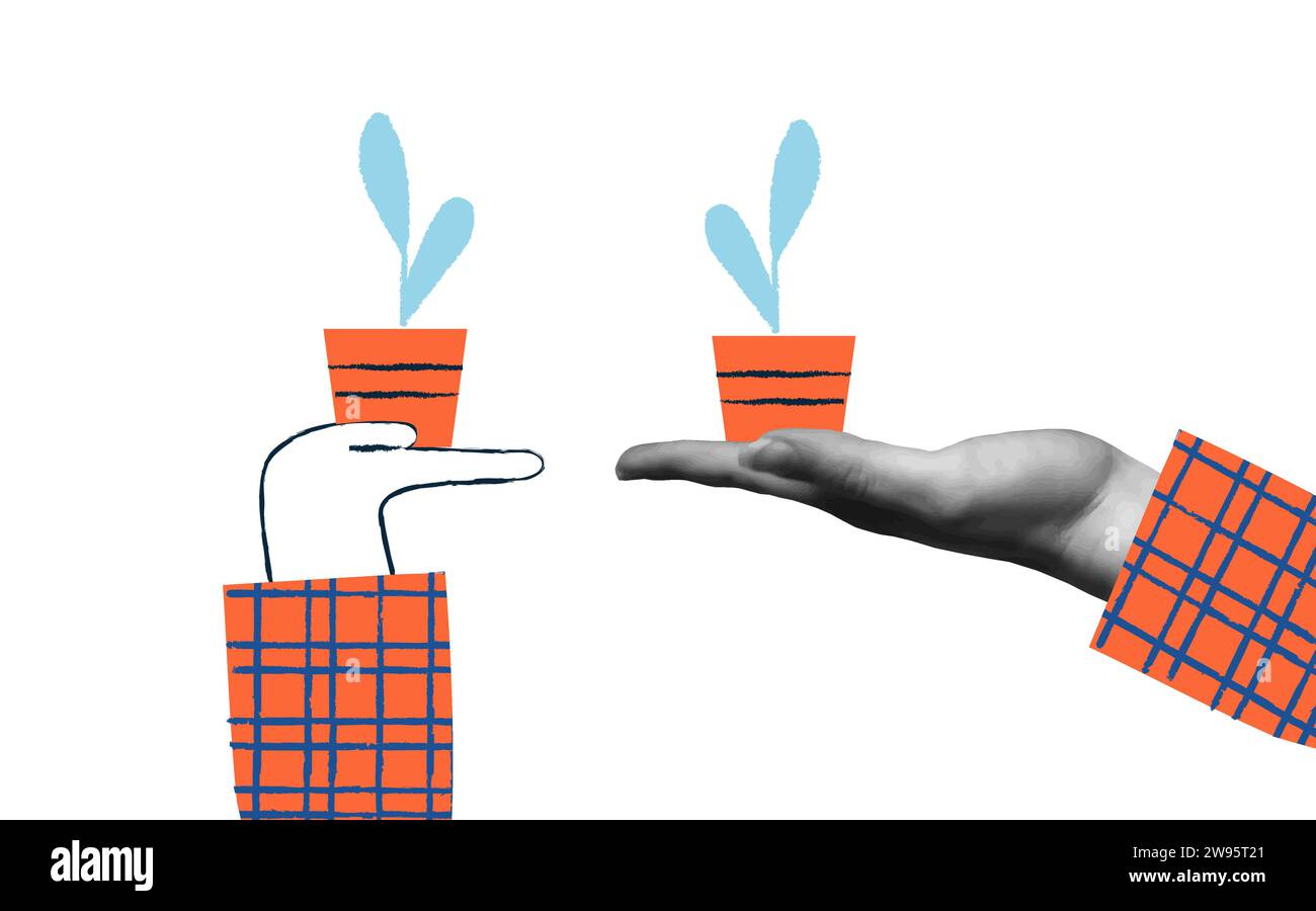 Illustrazione del vettore della scheda per la tutela ambientale. Mani umane che tengono in mano la pianta in vaso in un collage retrò di tendenza in stile anni '90 con linea piatta Illustrazione Vettoriale