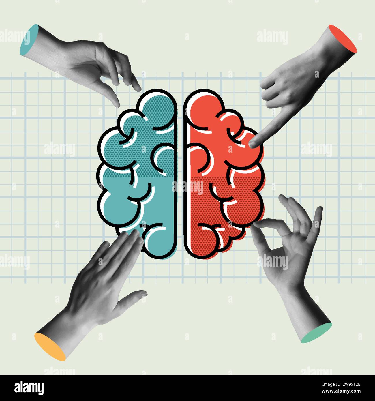 Illustrazione concettuale di emisferi cerebrali umani e gruppo di hads in collage retrò illustrazione vettoriale stile anni '90. Concetto di intelli creativi e logici Illustrazione Vettoriale