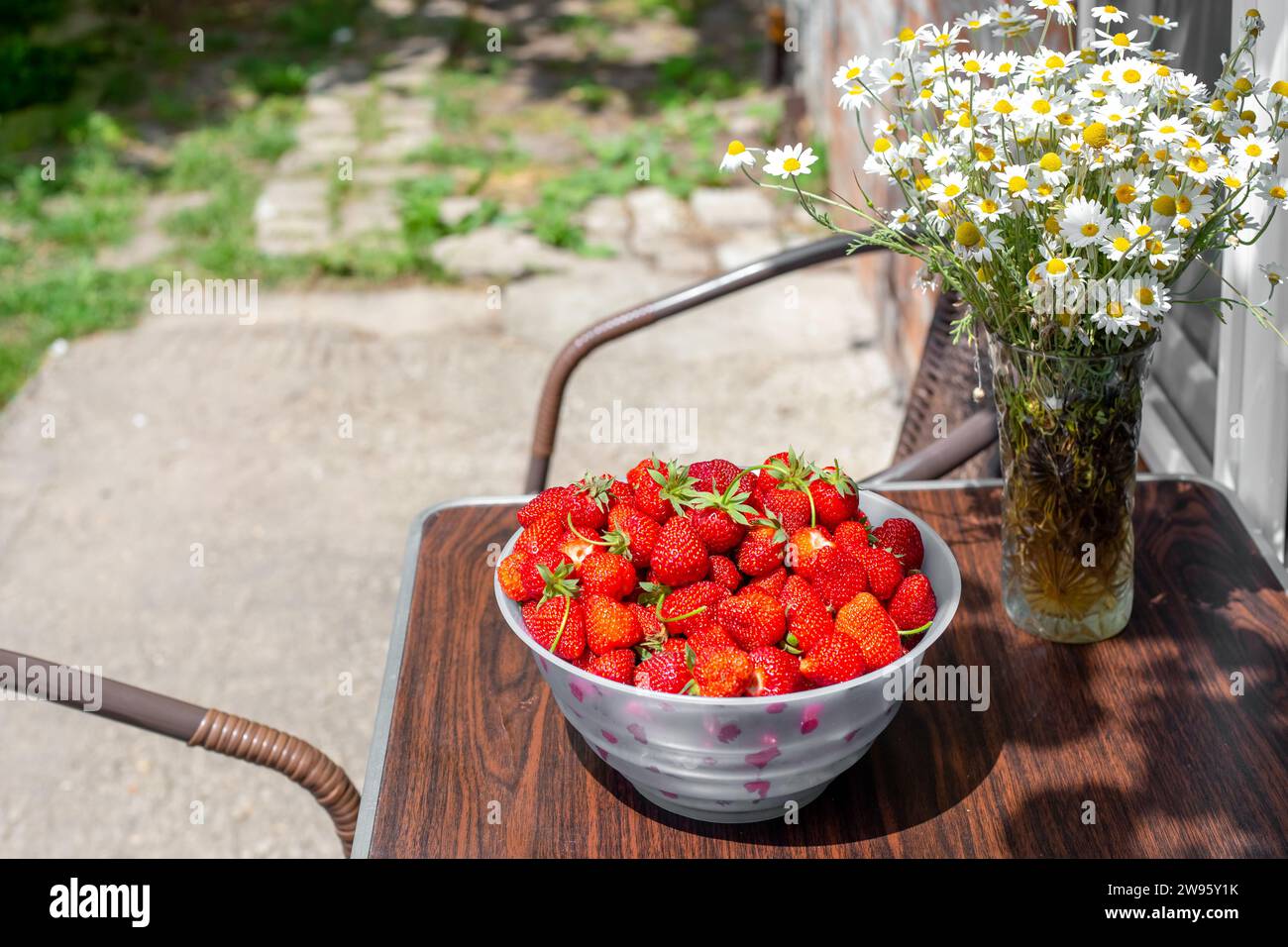 tazza con fragole rosse mature sul tavolo e un vaso con margherite sulla terrazza della casa. Foto Stock