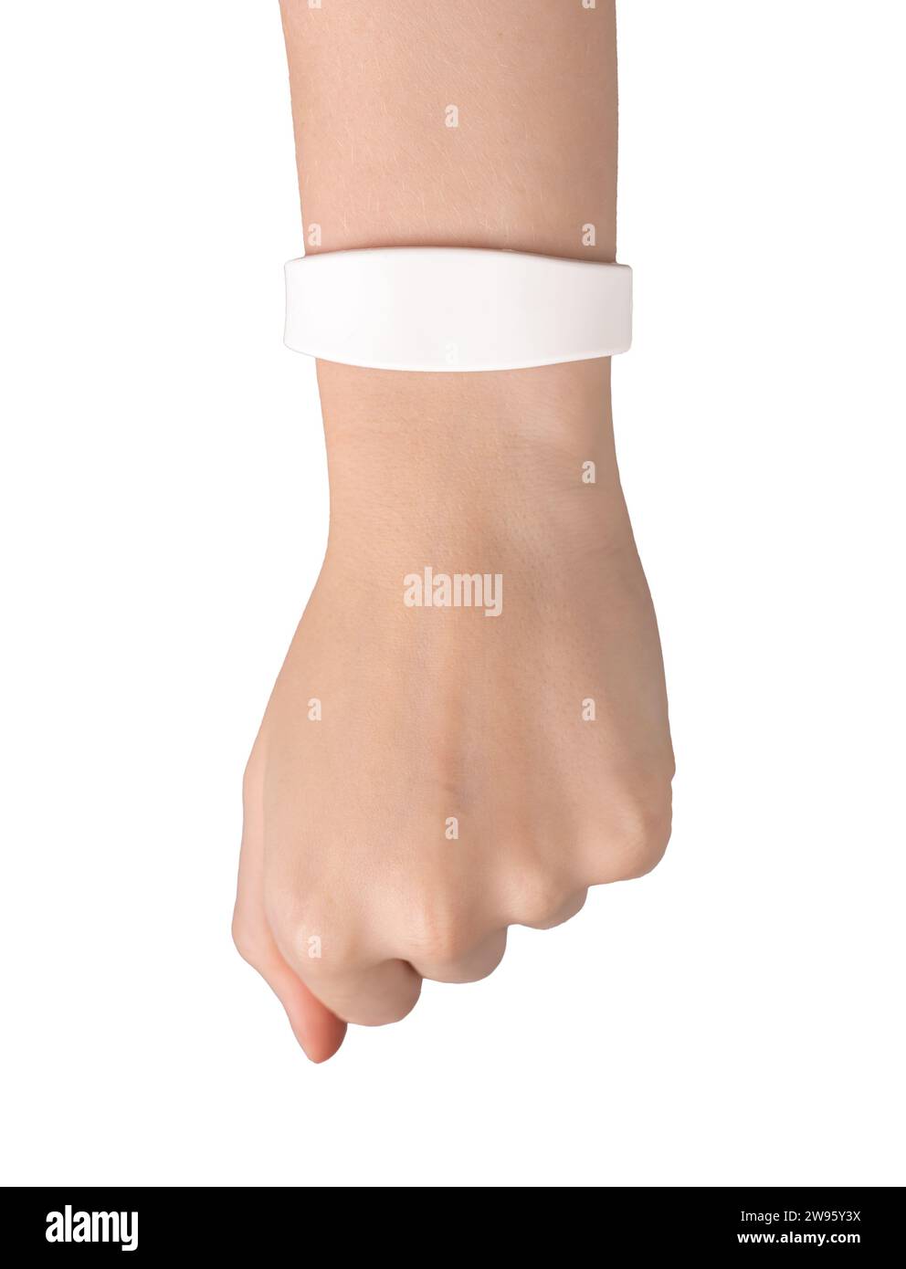 Modello di braccialetto in silicone su polso isolato su sfondo bianco Foto Stock