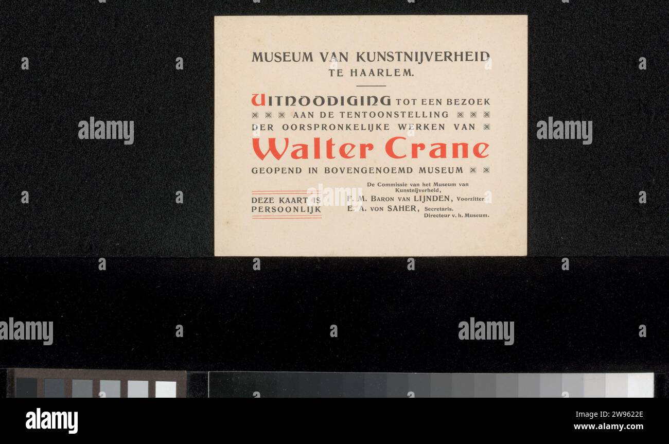 Invito a Philip Zilcken, nel o prima del 1903 è un invito a visitare la mostra delle opere di Walter Crane nel Museo di Arte applicata di Haarlem. stampa di cartone Foto Stock