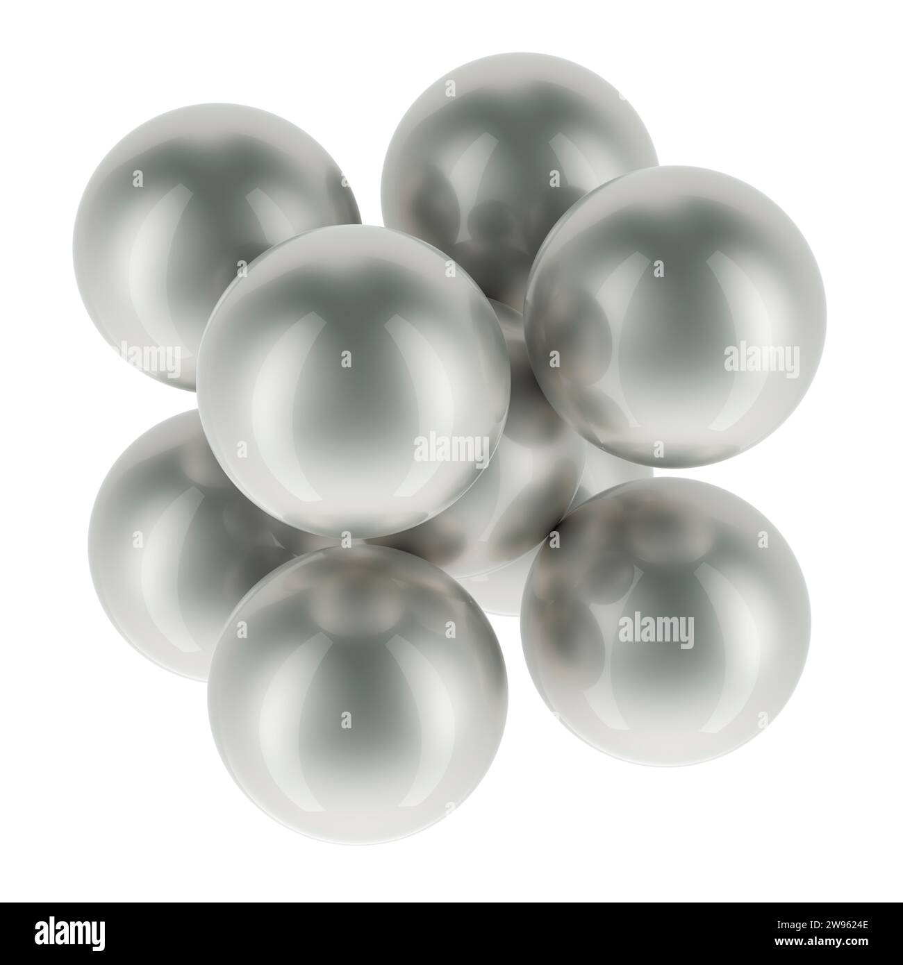 Gli atomi cubici centrati sul corpo e BCC contengono una struttura a reticolo cristallino. Rendering 3D isolato su sfondo bianco Foto Stock