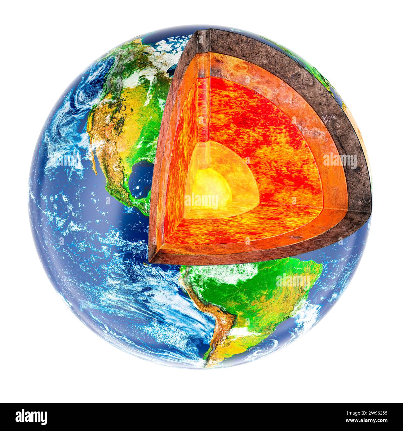 Struttura dettagliata di Earth Globe. Modello terrestre trasversale, rendering 3D isolato su sfondo bianco Foto Stock