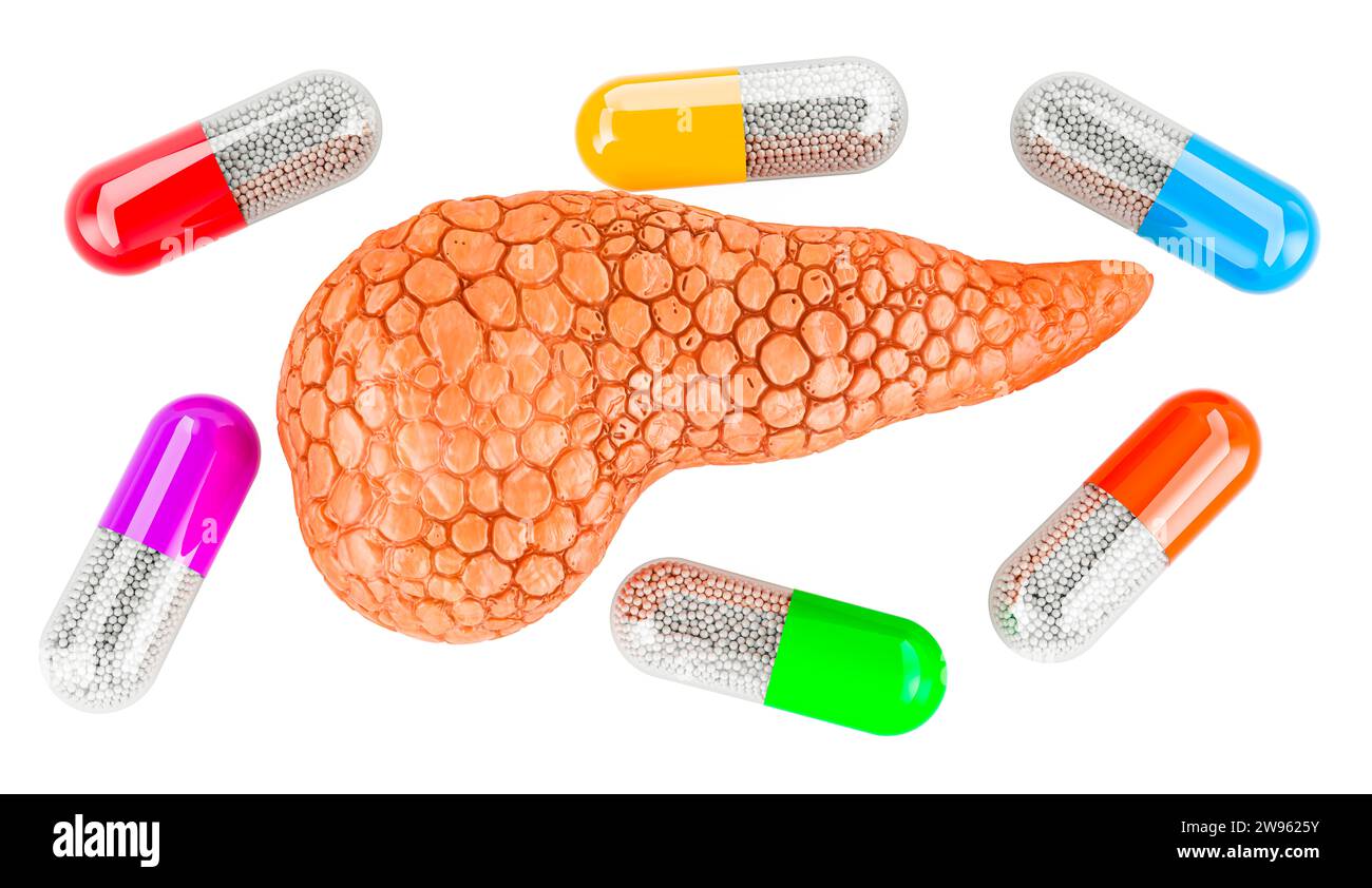 Pancreas con droghe. Pancreas umano con capsule medicinali intorno, rendering 3D isolato su sfondo bianco Foto Stock