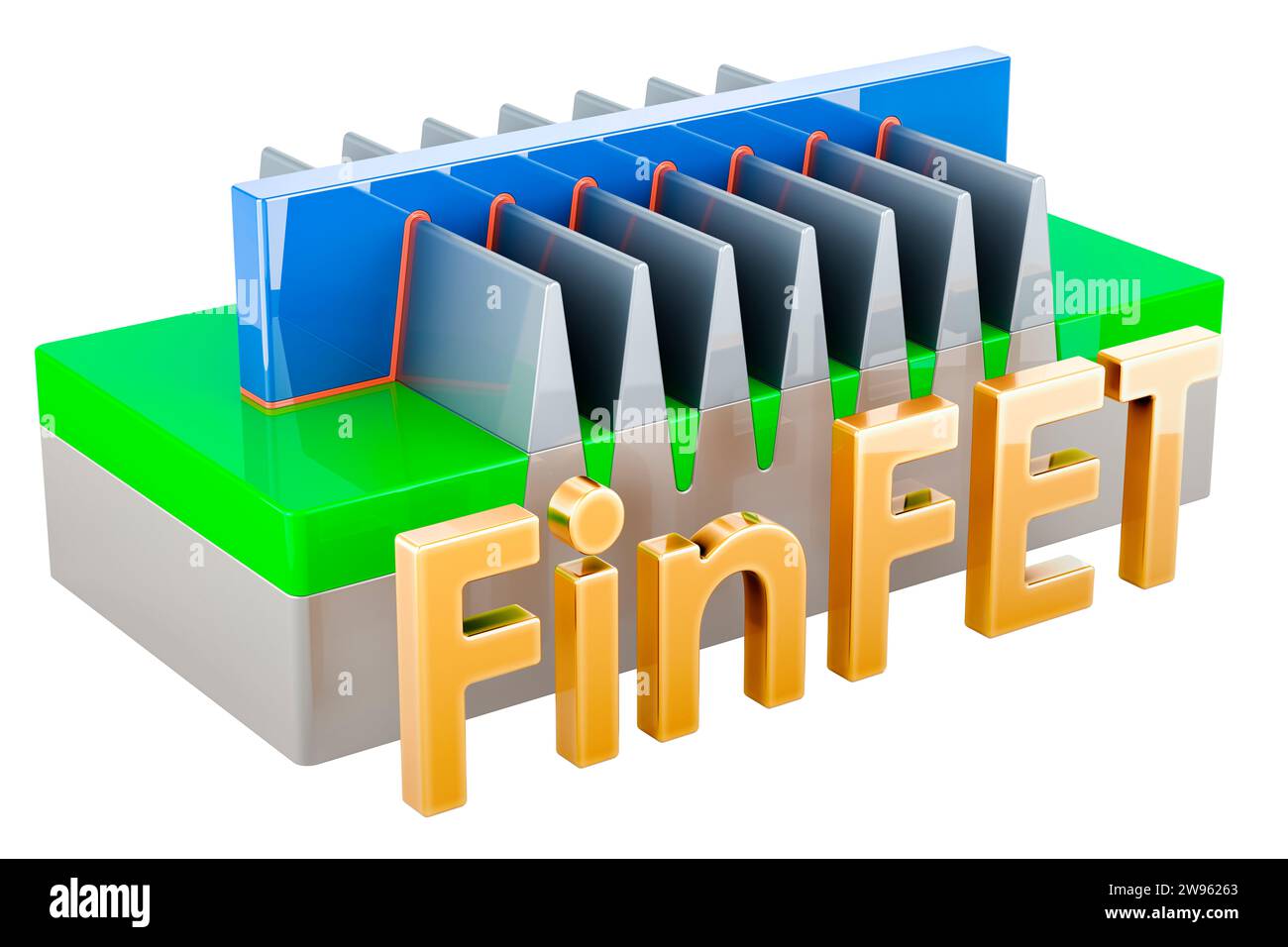 Struttura dei transistor FinFET, rendering 3D isolato su sfondo bianco Foto Stock