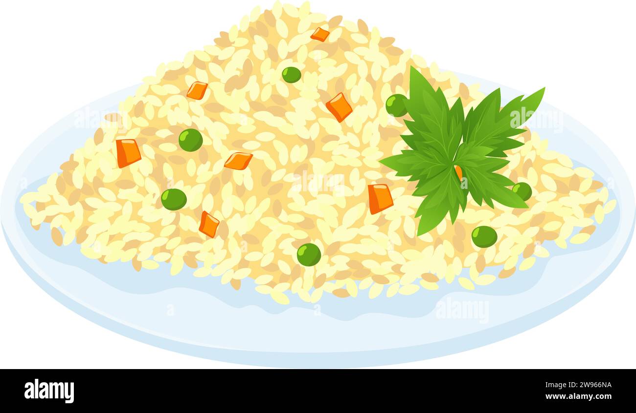 Piatto di riso con verdure. Un piatto con riso fritto, pezzi di carote, peperoni, piselli verdi, prezzemolo, coriandolo, spezie. Illustrazione vettoriale. Illustrazione Vettoriale