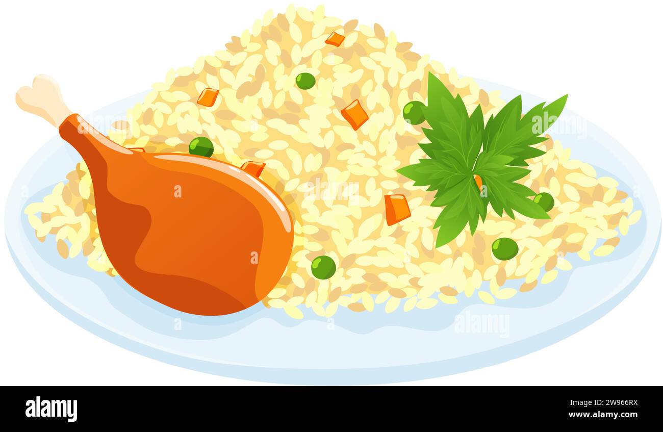 Illustrazione vettoriale di un piatto con riso, pollo e verdure. Piatto di riso con carne su un piatto piatto piatto. Illustrazione Vettoriale