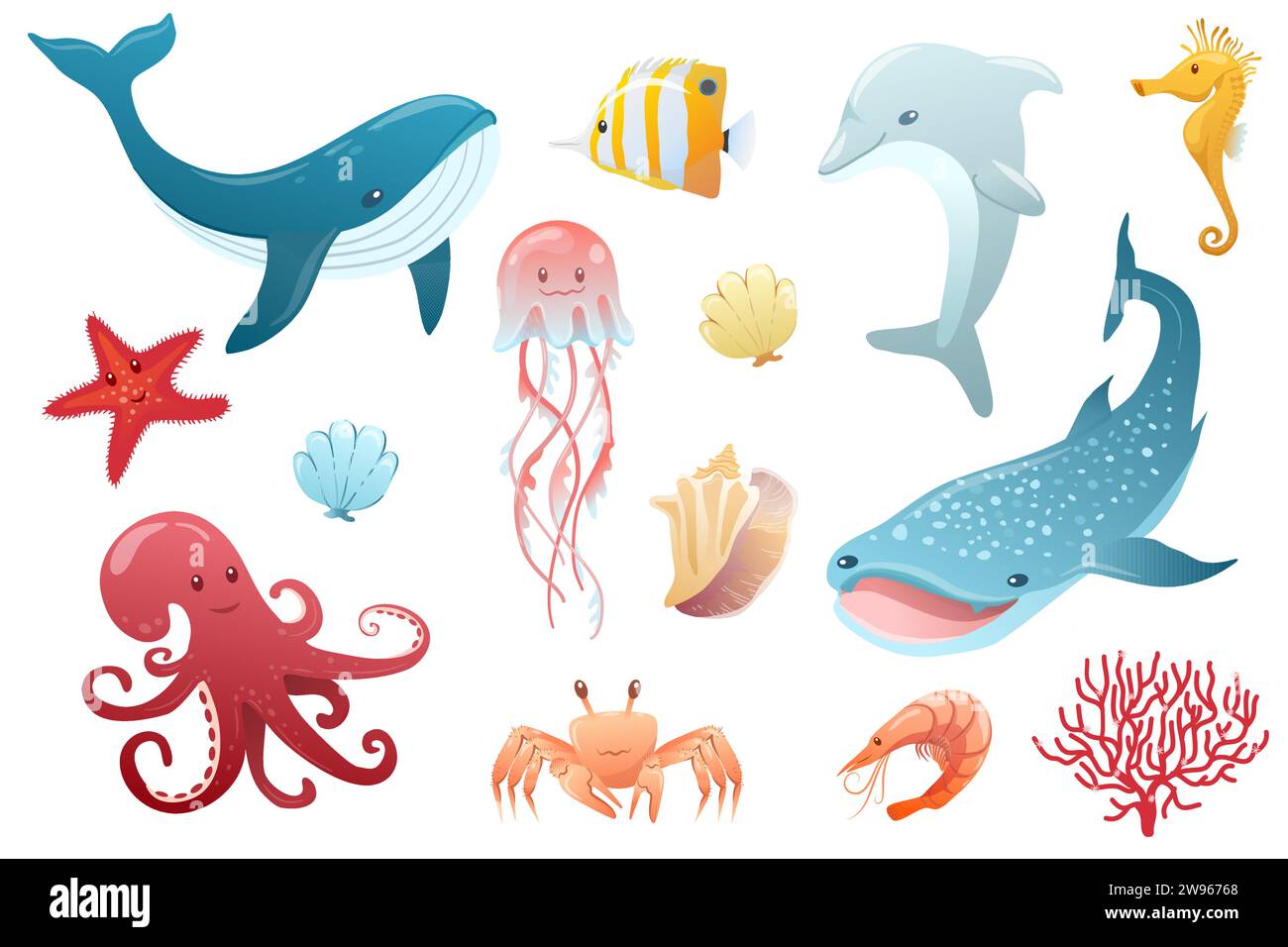 sotto il mare. Collezione oceanica con balene, squali, granchi, polpi, pesci Illustrazione Vettoriale