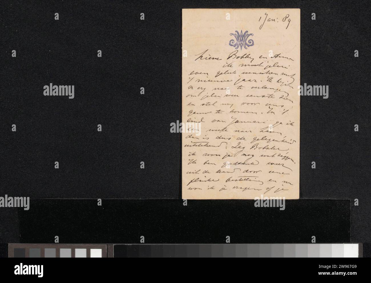 Lettera a Jan Veth e Anna Dorothea Dirks, Wally Moes, c. 1888 - 1918 lettera datata 1 gennaio: 89 in una mano successiva. carta. scrittura a inchiostro (processi) / pittura a penna (compresa l'illuminazione di libri, la pittura in miniatura). persone storiche (ritratti e scene della vita). Workshop, studio dell'artista (in generale) Laren Foto Stock