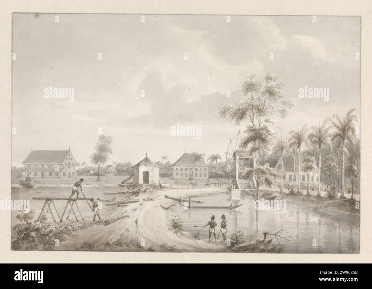 Vista di una piantagione, possibile riposo e lavoro., dopo il 1849 - prima del 1851 disegno Vista di una piantagione con diversi edifici. Forse si tratta di una pace nelle piantagioni e di un lavoro sul fiume Commewijne. Sulla destra, alla chiusa, c'è una tenda nell'acqua. Il disegno mostra quattro uomini resi schiavi, due dei quali sono occupati a segare legno. I numerosi tronchi d'albero sul terreno possono indicare che si tratta di un terreno boschivo. A destra ci sono due uomini con il cappello, con i piedi in acqua. Hanno un arpione e a quanto pare stanno pescando. Carta Paramaribo. penna a inchiostro/pennello schiavizzato; servi e schiavi. plantation Suriname. P Foto Stock