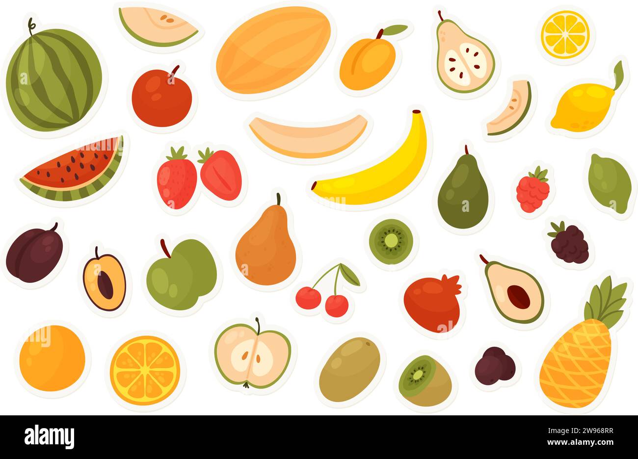 Frutta e bacche, adesivi alimentari set illustrazione vettoriale. Cartoon fette e mela intera lampone limone arancio banana fragola anguria pera ananas mora prugna isolato su sfondo blu Illustrazione Vettoriale
