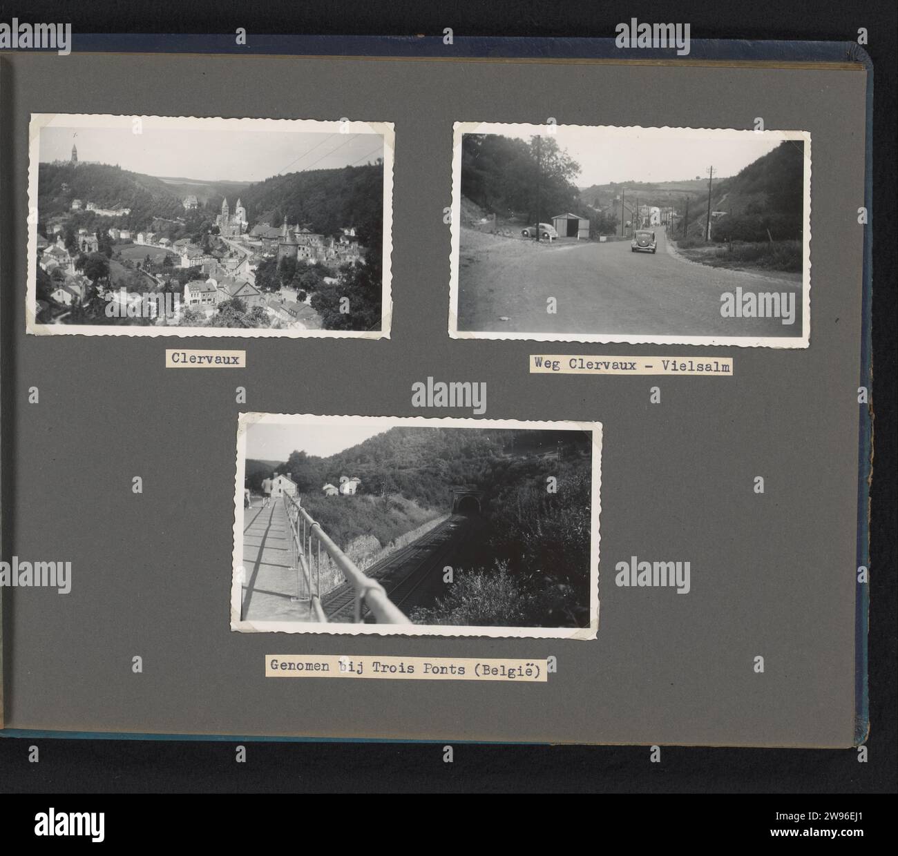 Clervaux in Trois-Ponts, Anonimo, 1952 Fotografia album rivista con tre foto scattate durante una vacanza in bicicletta. Facce in Clervaux e Trois-Ponts. Sotto le foto ritagliate la carta con le iscrizioni digitate. Parte del terzo album fotografico con foto di vacanze in famiglia nei Paesi Bassi, Belgio e Lussemburgo nel 1952-1953. NUOVA carta ARCH (paese). supporto fotografico con stampa in argento gelatina, viaggio di piacere. la famiglia che viaggia, in vacanza. Equitazione, ciclismo (attività ricreative) Clervaux. Trois-stagni Foto Stock
