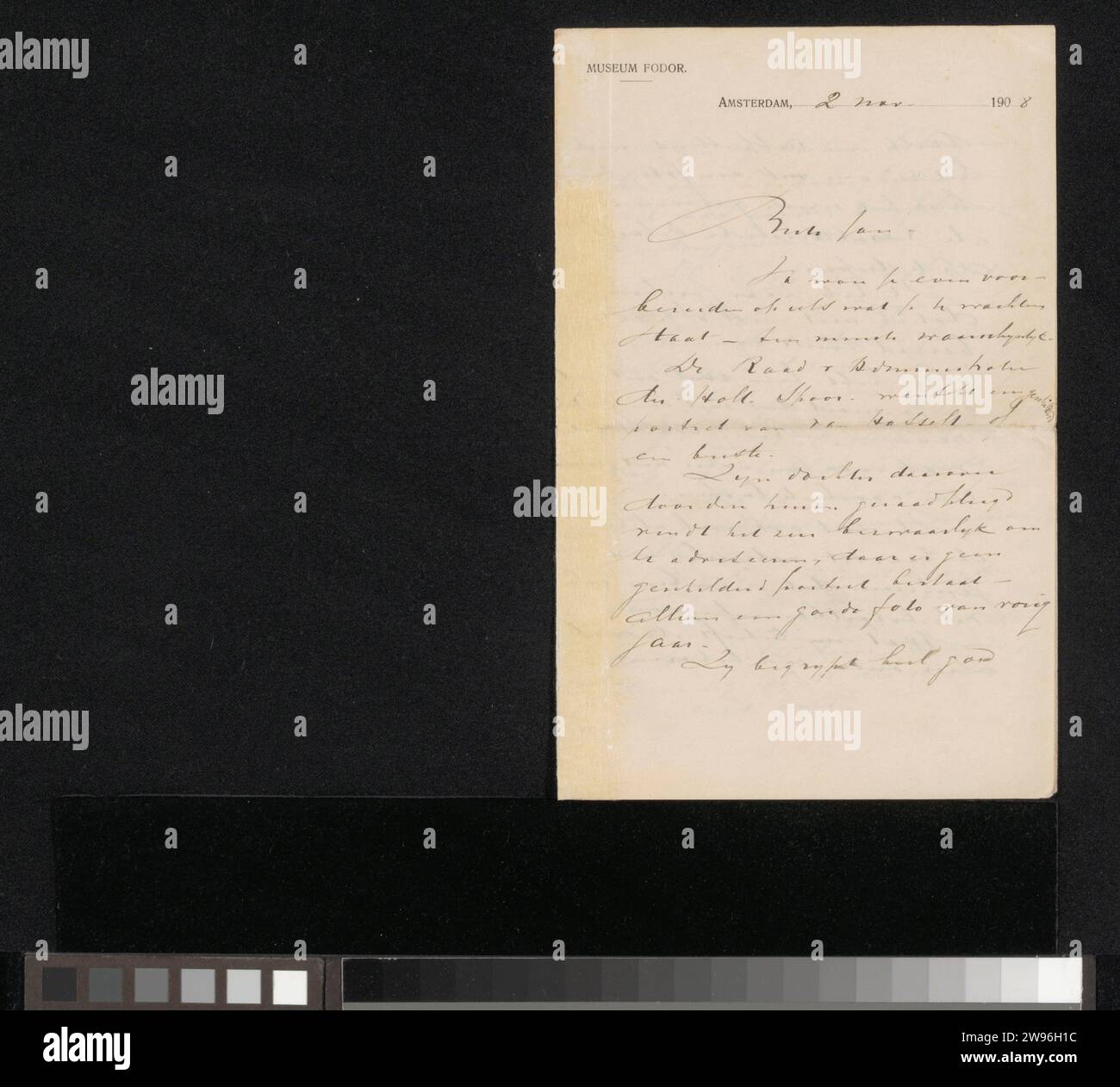 Lettera a Jan Veth, Museum Fodor, Cornelis Gerardus' t Hooft, 1908 lettera Amsterdam paper. scrittura a inchiostro (processi)/penna/stampa di persone storiche (ritratti e scene della vita). pittura (compresa l'illuminazione di libri, la pittura in miniatura). fotografia, cinematografia Foto Stock